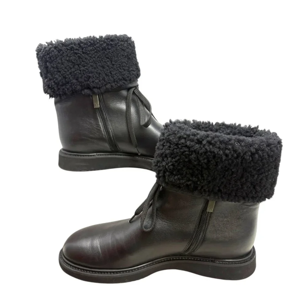 Aquatalia Heidy Black Leather Shearling Waterproof Wedge Booties‎